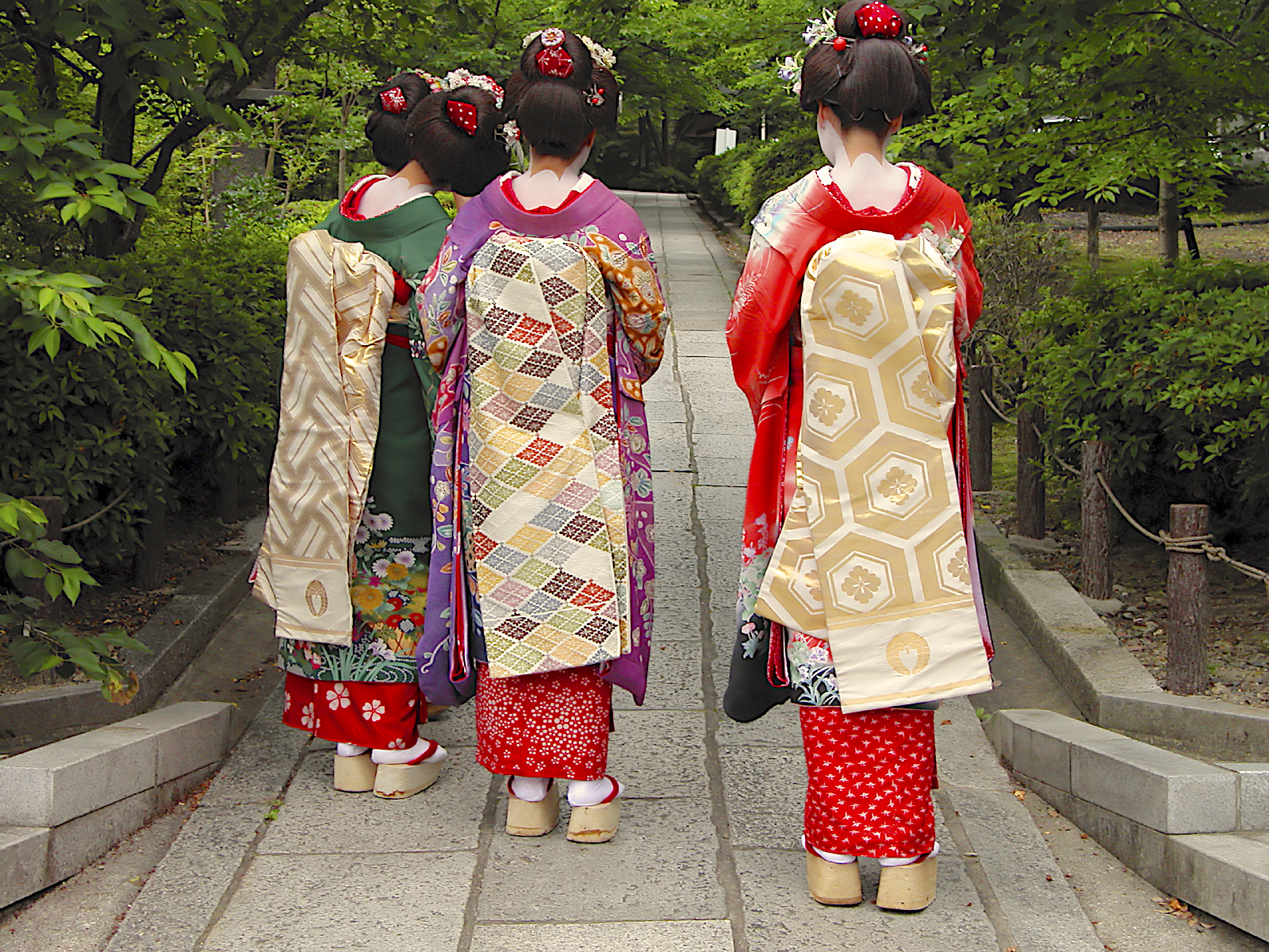 Young geisha (known as maiko) in resplendent kimono